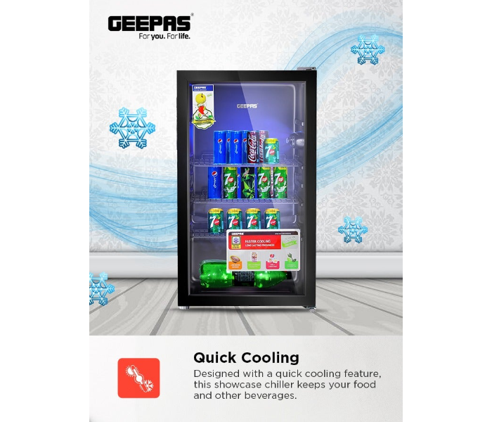 Geepas Showcase Chiller GSC1223-K – 120L, Quick Cooling, Wire Shelves, Low Noise, Low Voltage, 60W, Black in KSA