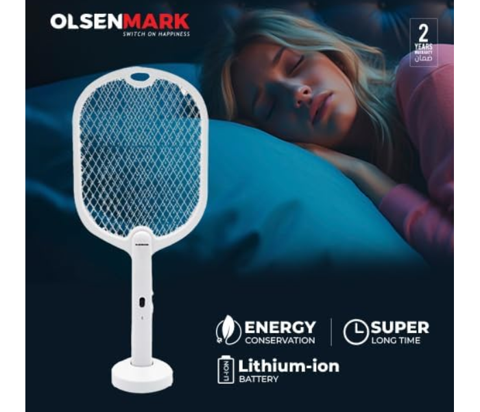 Olsenmark Electric Mosquito & Fly Swatter OMBK1873 – Rechargeable Li-ion Battery, UV Light, High Power, 4-5H Charging, White, 2Y Warranty in KSA