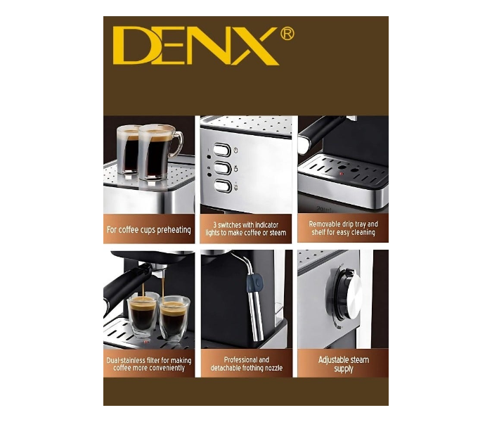 DENX Espresso Coffee Machine 850W with Milk Frother, 1.6L Water Tank, Dual Stainless Steel Filter, Steam Wand, Professional Barista Cappuccino & Latte Maker, Compact Home Coffee Maker DX2093 in KSA