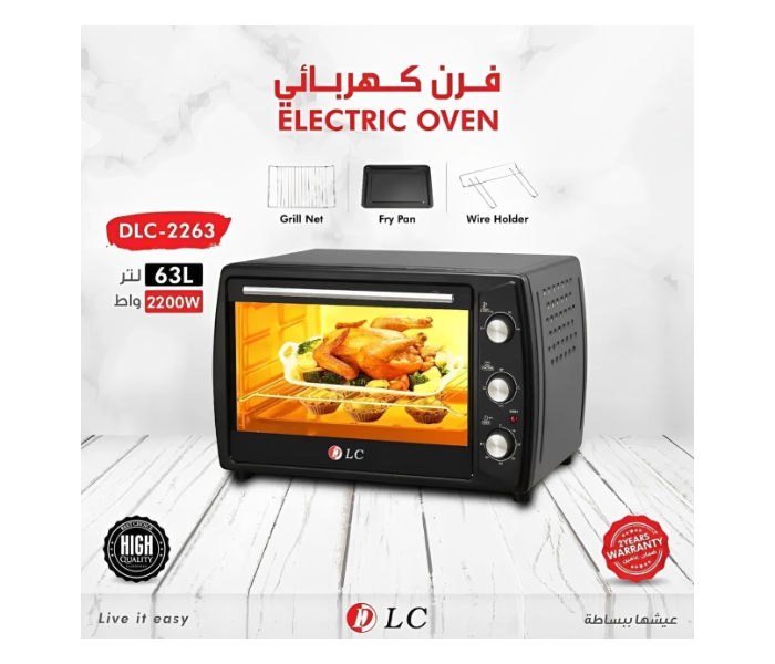 DLC-2263 Electric Oven – 63L Large Capacity, 2200W, Multi-Function Baking, Roasting & Grilling with Grill Net, Fry Pan & Wire Holder in KSA