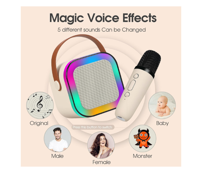 K12 Dual Microphone Karaoke Bluetooth Speaker RGB Light Two 5W Speakers Sound Subwoofer Boombox Support Multiple Input Modes, White in KSA