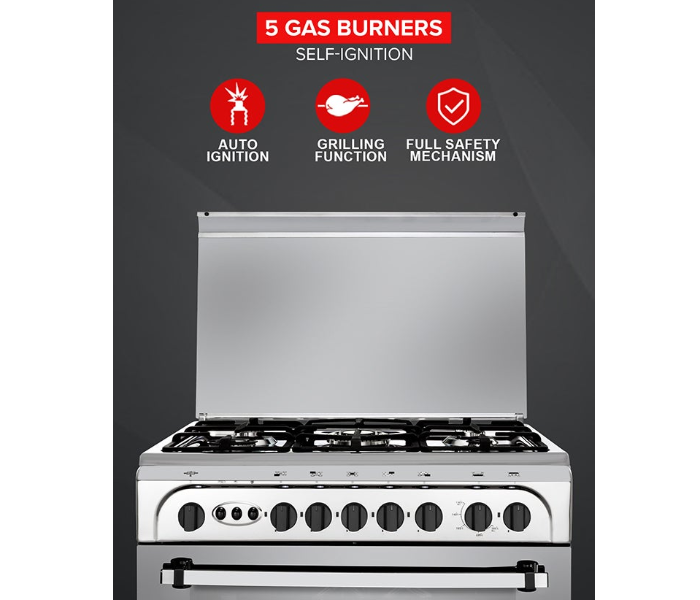 Geepas GCR8055FSE 80x55cm Free Standing Cooking Range, 5 Burners, Grill & Timer – Silver in KSA
