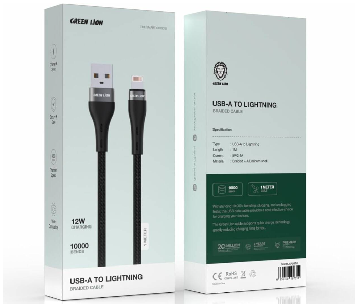 Green Lion USB A to Lightning 12W Charger Cable Durable High Speed Wire for Apple Devices in UAE