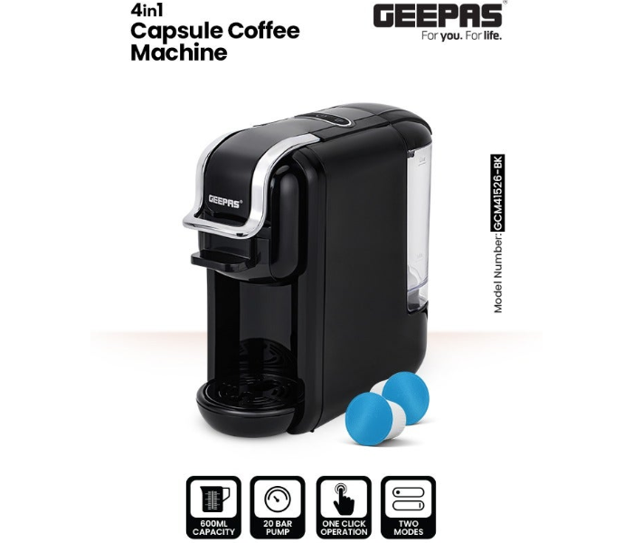 Geepas GCM41526-BK 4-in-1 Capsule Coffee Machine, Fast Heating, 0.6L Tank – Black/Silver in KSA