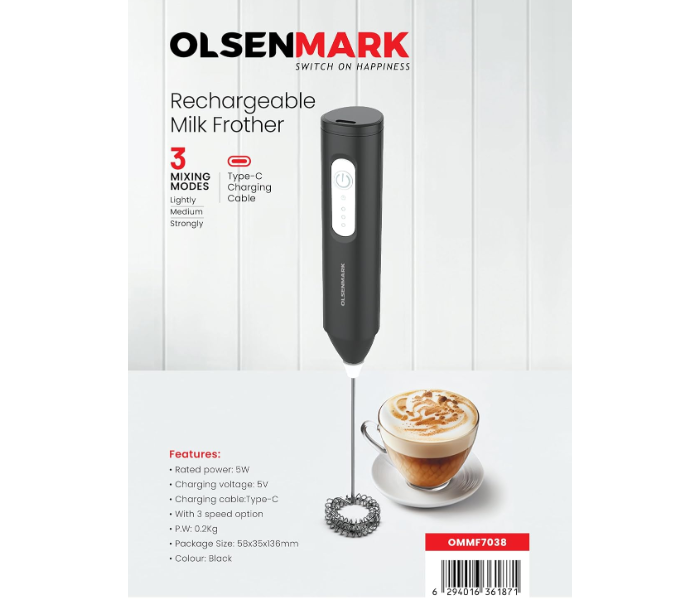 Olsenmark OMMF7038 Rechargeable Milk Frother – High-Speed Whisk, 3 Mixing Modes, Ergonomic Grip in KSA