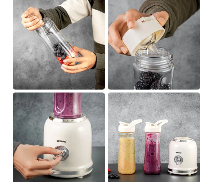 Geepas Personal Blender GSB44113 – 300W Motor, 2 BPA-Free 600ML Tritan Bottles, Unbreakable & Transparent, Stainless Steel Blade, White in KSA