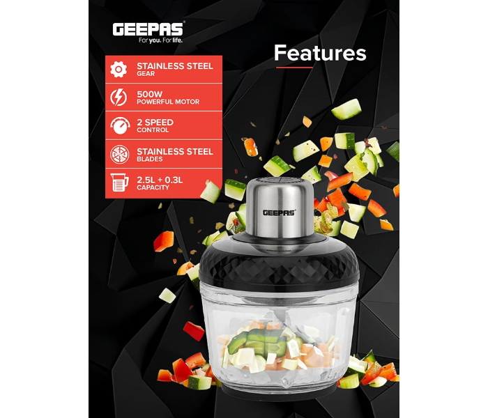 Geepas GMC42030 Multi Chopper | 2.5L, 500W, Mincing & Chopping | For Veg, Fruits & Meat | Black/Silver in KSA