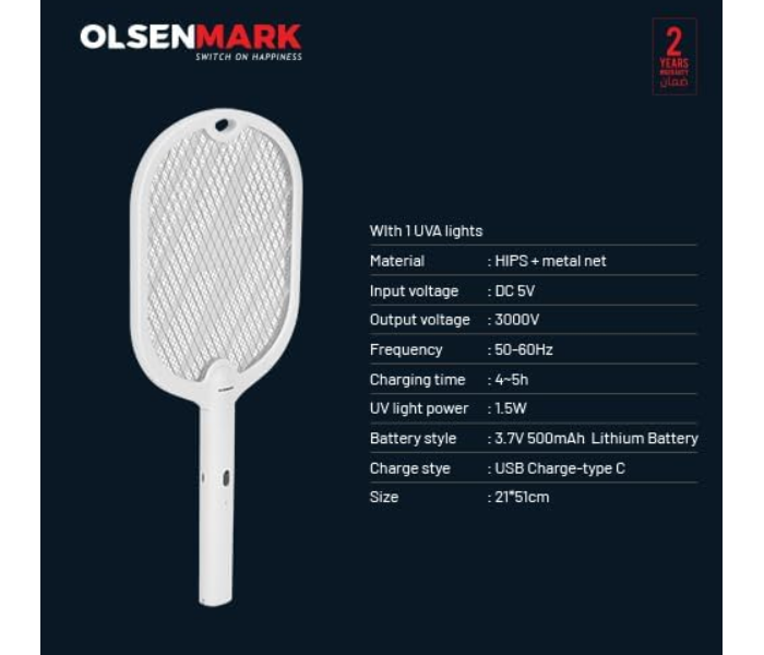 Olsenmark Electric Mosquito & Fly Swatter OMBK1873 – Rechargeable Li-ion Battery, UV Light, High Power, 4-5H Charging, White, 2Y Warranty in KSA