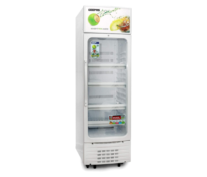 Geepas Upright Showcase Refrigerator GSC2807WRE – CFC-Free, Adjustable Thermostat, LED Lighting, Bottle Cooler, Low Energy Compressor Fan in KSA