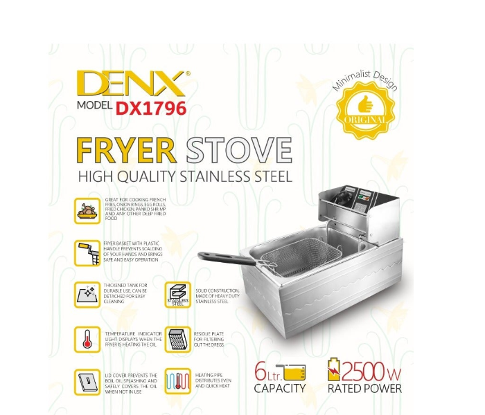 DX1796 Stainless Steel 6L Deep Oil Fryer with Basket Strainer Jumbo Size Adjustable Temperature & Timer, Perfect Chicken, Shrimp, French Fries, Chips & More, Removable Oil Container in KSA