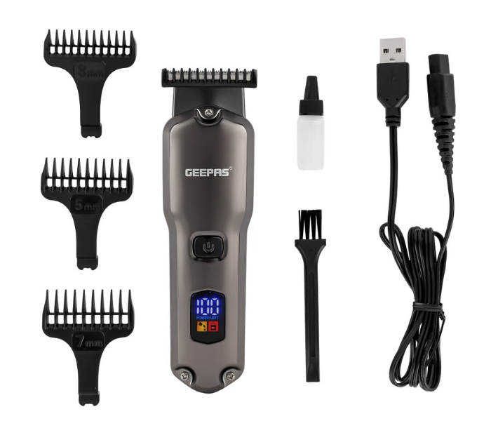 Geepas Rechargeable Hair & Beard Trimmer GTR57508 – Li-ion Battery, 180 min Use, Detachable Waterproof Blades, LED Display, Cordless in KSA