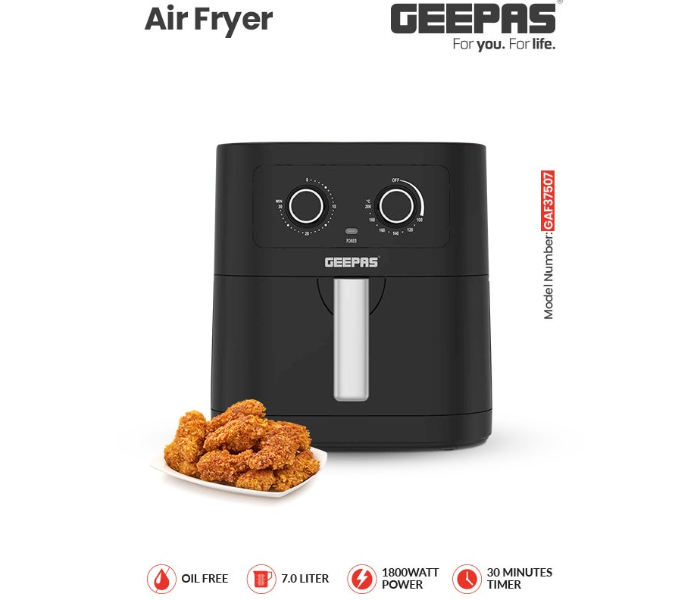 Geepas GAF37507 7L 1800W Air Fryer with Vortex Tech, Adjustable Controls & Non-Stick Pan – Black/Silver in KSA