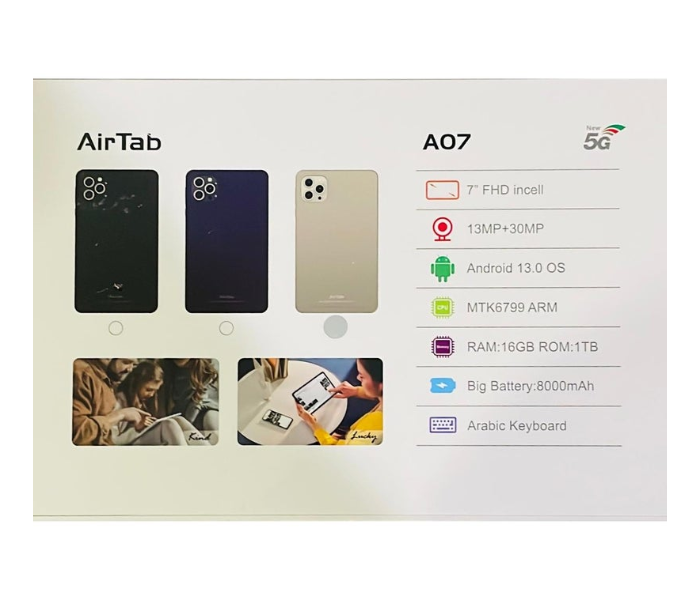 AirTab A07 Tablet with Arabic Keyboard, 7 inch FHD Screen, 1TB Internal Memory, 16GB RAM - with Powerful 8000mAh Battery Black in KSA