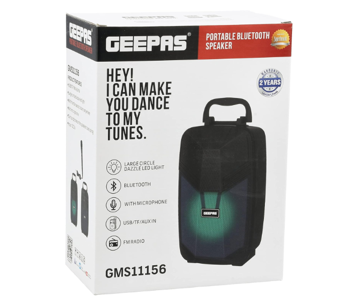 Geepas Portable Bluetooth Speaker GMS11156 – With Mic, USB/TF/FM/AUX, LED Light, Lightweight, Ideal for Home & Outdoor Use, Black in KSA