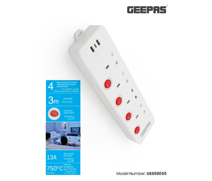 Geepas 4-Way Extension Socket with Individual Switches & 2 USB Ports, Fireproof, 3M Cord – Home & Office in KSA