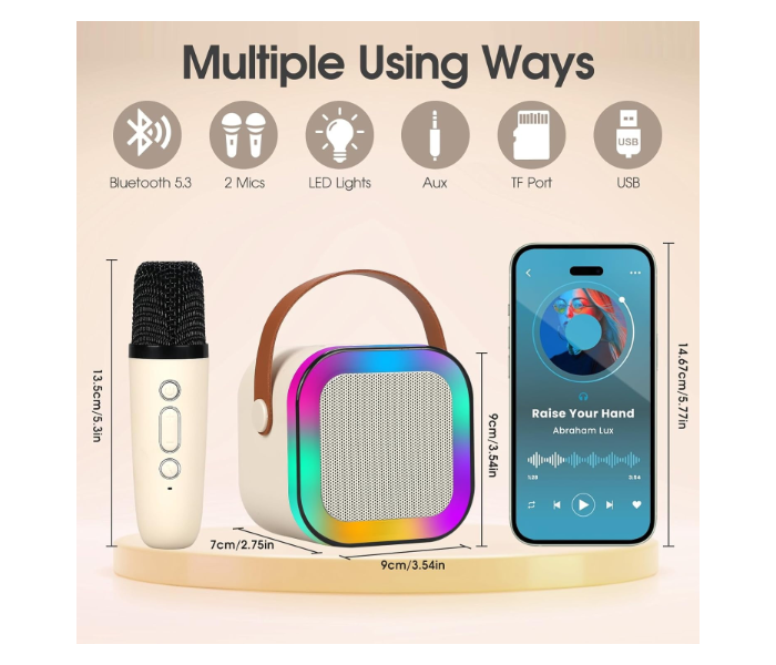 K12 Dual Microphone Karaoke Bluetooth Speaker RGB Light Two 5W Speakers Sound Subwoofer Boombox Support Multiple Input Modes, White in KSA