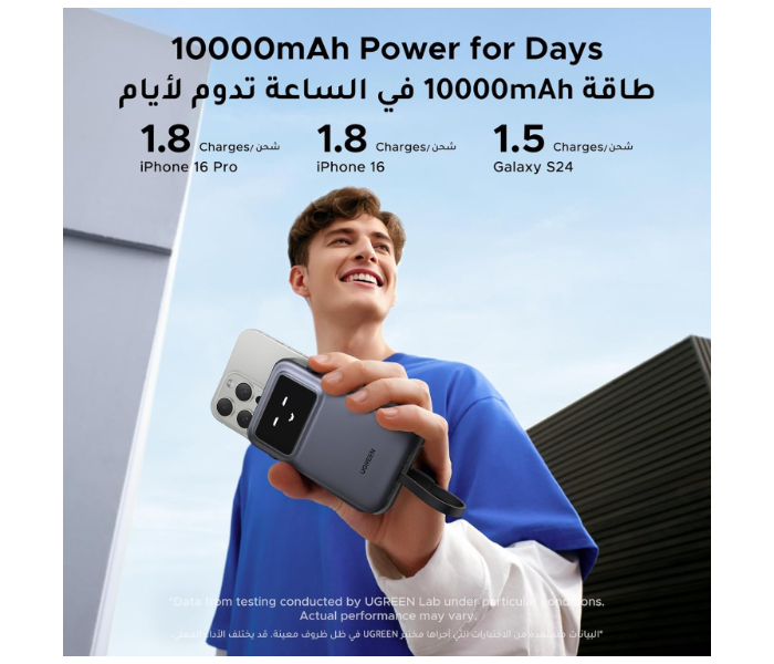 UGREEN Uno Power Bank with Built-in USB-C Cable 10,000mAh Portable Charger PD 30W Fast Charging Battery Pack 3-Way Output with TFT Display for iPhone 17-8 Series/Galaxy S21-25/iPad Pro, AirPods, etc in KSA
