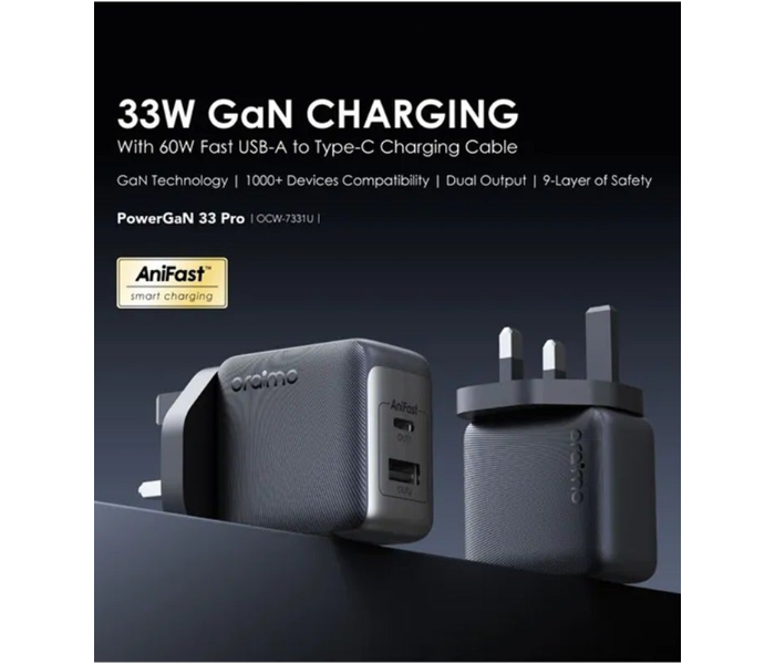 ORAIMO PowerGaN 33 Pro 33W GaN Wall Charger Cable USB To Type-C | OCW-7331U Black in KSA