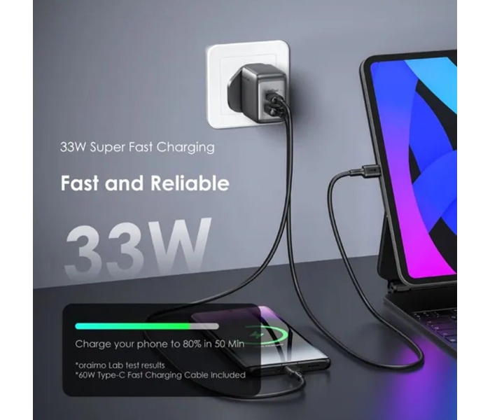 ORAIMO PowerGaN 33 Pro 33W GaN Wall Charger Cable USB To Type-C | OCW-7331U Black in KSA