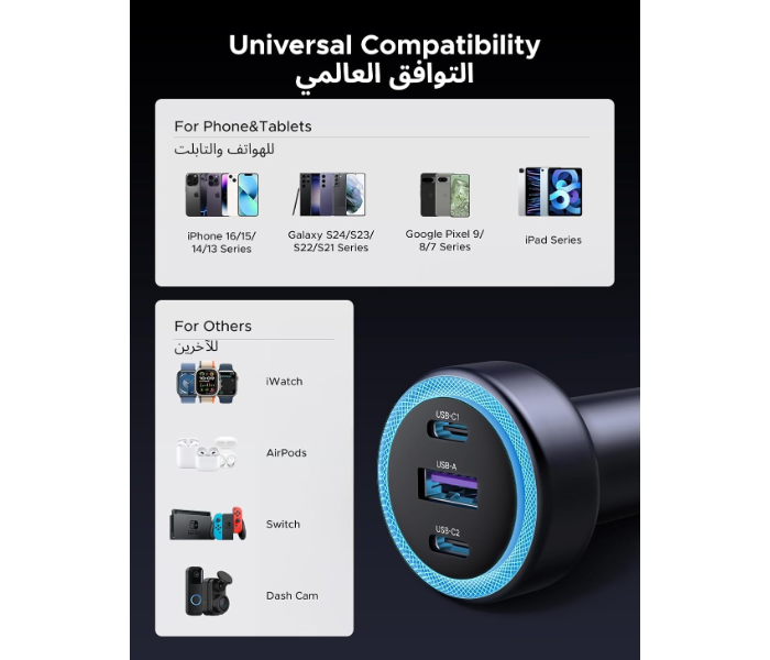 UGREEN 30W 3-Port Fast Car Charger2*USB-C PD+USB-A in KSA