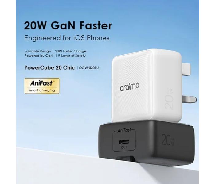 ORAIMO PowerCube 20 Chic 20W GaN Wall Charger Kit with Type|C to Type|C Cable | OCW-5201U-BK Black in KSA