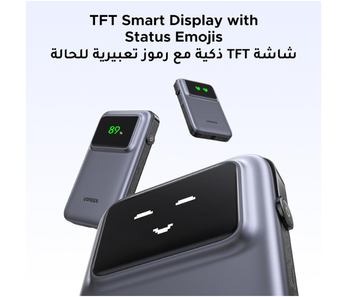 UGREEN Uno Power Bank with Built-in USB-C Cable 10,000mAh Portable Charger PD 30W Fast Charging Battery Pack 3-Way Output with TFT Display for iPhone 17-8 Series/Galaxy S21-25/iPad Pro, AirPods, etc in KSA