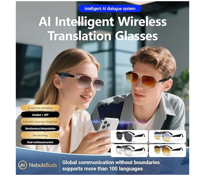 AI Smart Translation Glasses for Travel & Business, Real-Time 100+ Language Translator, Wireless Open-Earphones Design with Music Playback & Touch Control,Lightweight Eyewear in UAE