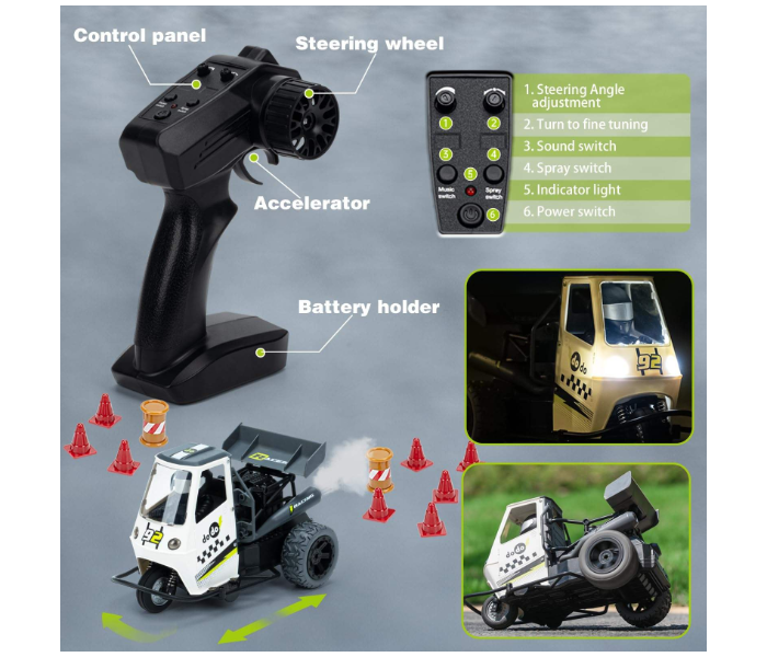 Remote Control Drift Tricycle Truck with Spray, Lights & Sound | 2.4GHz RC Stunt Car for Kids & Adults | Off-Road 3-Wheel Racing Vehicle with Rechargeable Battery, Shock Absorber & Simulation Driver in UAE