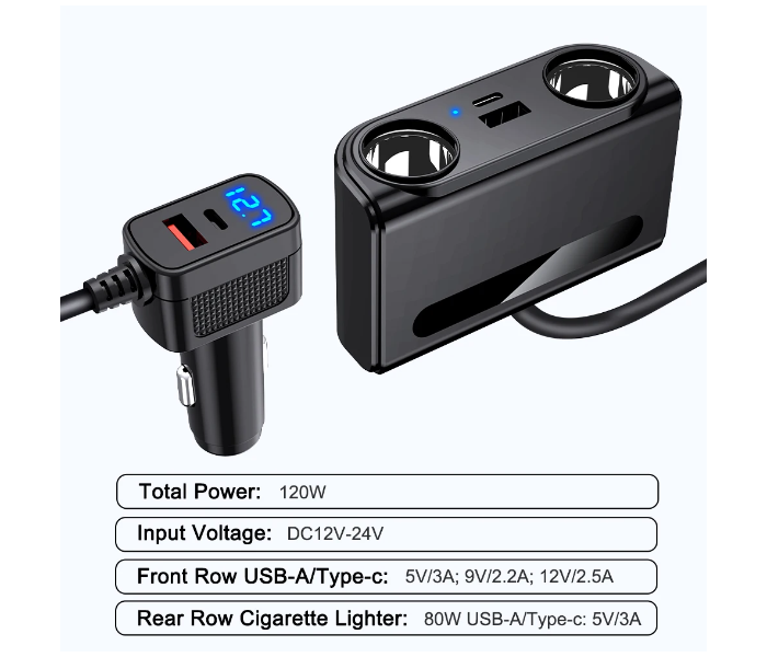 Smartbarry C802 6-in-1 Car Charger Adapter, 120W Dual Cigarette Lighter Splitter with USB Fast Charging Port & LED Voltage Display – 12V/24V Car Power Adapter for Phones, GPS, Dash Cam & Accessories in UAE
