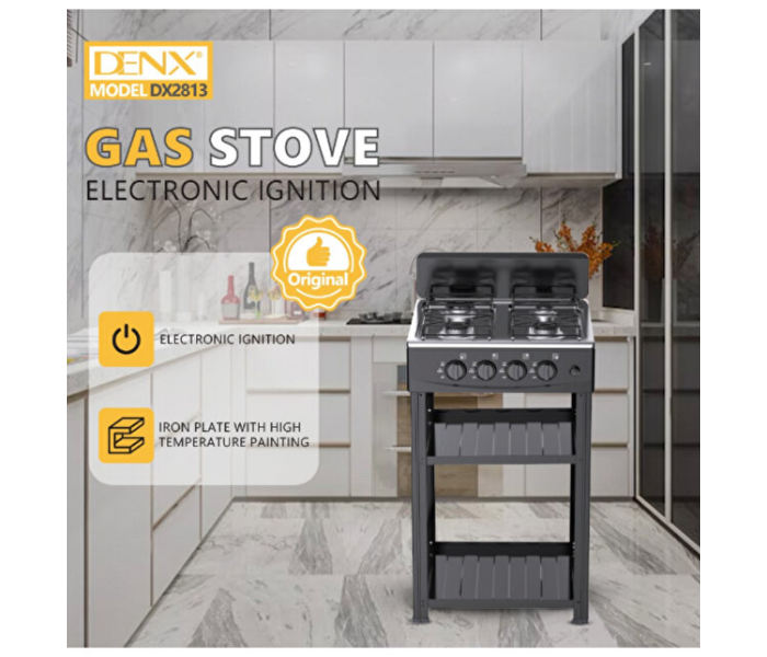Denx Model DX2813 4-Burner Gas Stove with Electronic Ignition, Integrated Stand & Dual Storage Shelves, Heavy-Duty Body in UAE