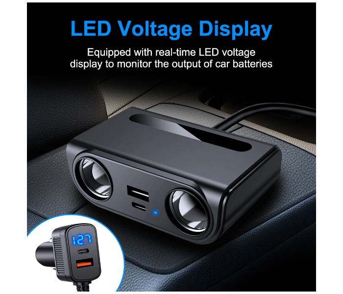 Smartbarry C802 6-in-1 Car Charger Adapter, 120W Dual Cigarette Lighter Splitter with USB Fast Charging Port & LED Voltage Display – 12V/24V Car Power Adapter for Phones, GPS, Dash Cam & Accessories in UAE