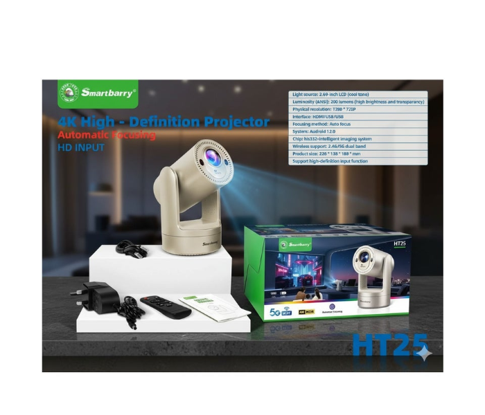 Smartbarry HT25 Projector HD Smart Mini Portable Android 12 System Remote Control Projector Built-in Battery Wireless WiFi 5G Native 1280*720P Support 4K For Home Cinema Bedroom Outdoor Movie Projector for Phone/PC/Tablet/PS in UAE