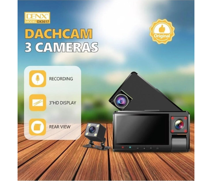 Denx Model DX3617 Car Dashcam with 3 Cameras (Front, Rear, Inside), Full HD Video Recording, G-Sensor, Night Vision, in UAE