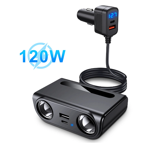 Smartbarry C802 6-in-1 Car Charger Adapter, 120W Dual Cigarette Lighter Splitter with USB Fast Charging Port & LED Voltage Display – 12V/24V Car Power Adapter for Phones, GPS, Dash Cam & Accessories in UAE