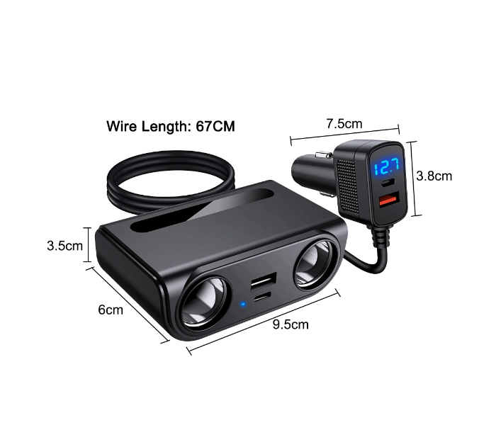 Smartbarry C802 6-in-1 Car Charger Adapter, 120W Dual Cigarette Lighter Splitter with USB Fast Charging Port & LED Voltage Display – 12V/24V Car Power Adapter for Phones, GPS, Dash Cam & Accessories in UAE