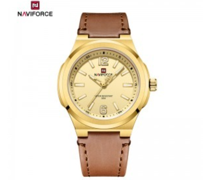 NAVIFORCE NF9233 Men's Classic Analog Quartz Watch, 40mm Golden Case, Brown Leather Strap in UAE