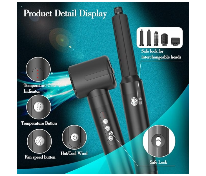Hair Dryer & Styling Set ,7 Interchangeable Attachments, Blow Dryer Brush, Straightening Comb, Curling Wand for Complete Salon Finish at Home in UAE