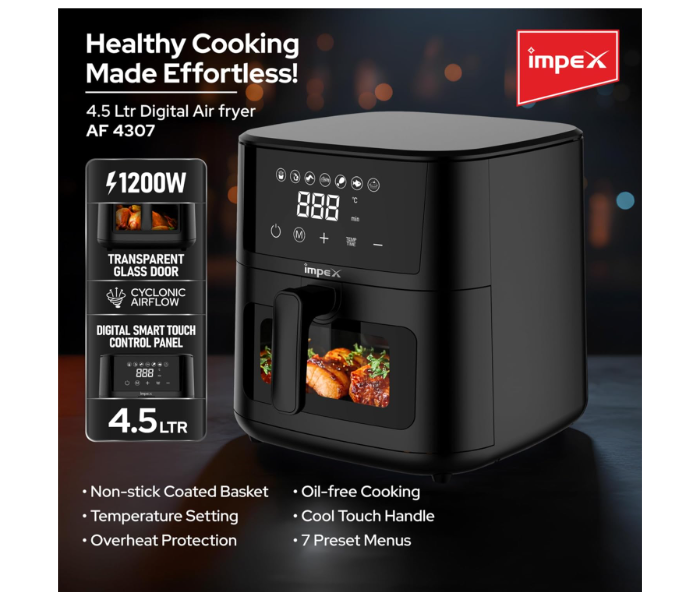 Impex AF4307 4.5L Digital Air Fryer 1200W Oil Free with Glass Door Touch Control Black in UAE