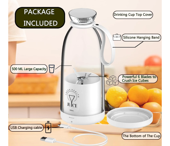 Portable Smoothie Blender 500ml, 6 Blades, 2400mAh USB Rechargeable Personal Shakes & Juice Maker - White in UAE