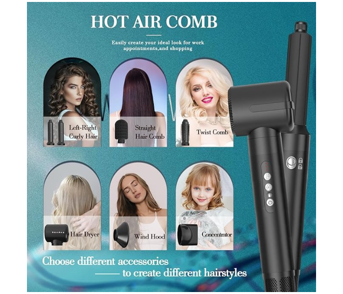 Hair Dryer & Styling Set ,7 Interchangeable Attachments, Blow Dryer Brush, Straightening Comb, Curling Wand for Complete Salon Finish at Home in UAE