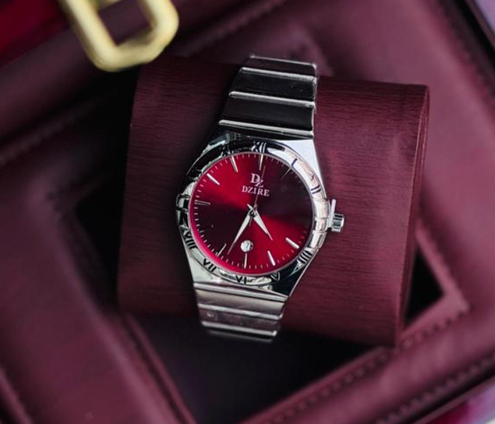 Men Stainless Steel Quartz Watch | Classic Red Dial Date Display | Water Resistant Analogue in UAE