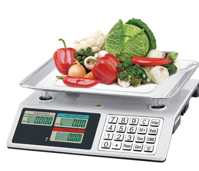 Digital Price Computing Scale: High-Precision Commercial Food Scale with Stainless Steel Tray, Dual LCD Display, Rechargeable Weighing Hub for Retail, Kitchen, and Business Use in UAE