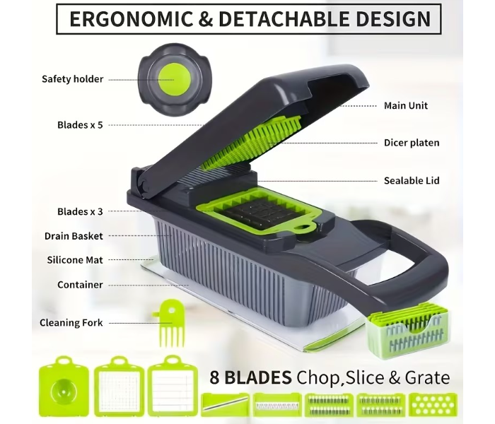 MACON Vegetable Chopper Food Dicer 16 in 1 Slicer with 8 Blades Container and Peeler MC4644 in UAE