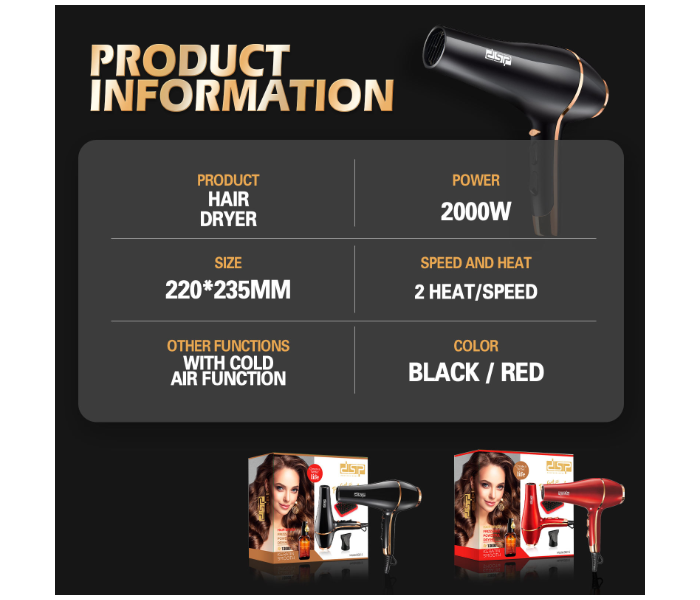 DSP Professional 2000W Salon Hair Dryer with Concentrator Nozzle – DC Motor Styling Blow Dryer for Fast Drying & Smooth Finish in UAE
