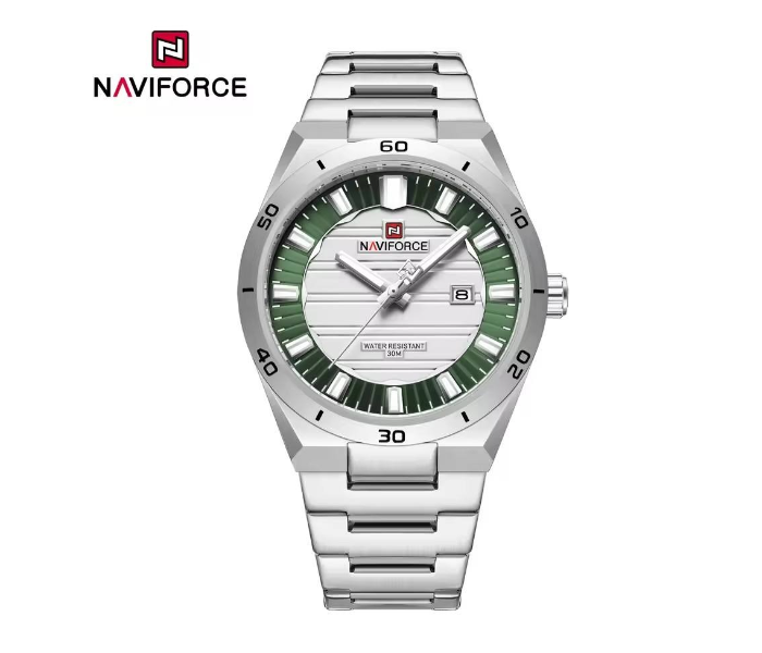 NAVIFORCE 9268 Men's Luxury Business Quartz Watch – Stainless Steel Waterproof Wristwatch with Luminous Hands & Calendar – Silver/Green in UAE