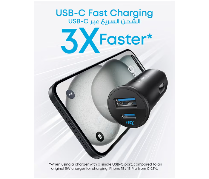 Anker 30W USB C Car Charger 2 Port Fast Adapter with PowerIQ 3.0 for iPhone 17 16 15 Pro and Samsung S23 in UAE