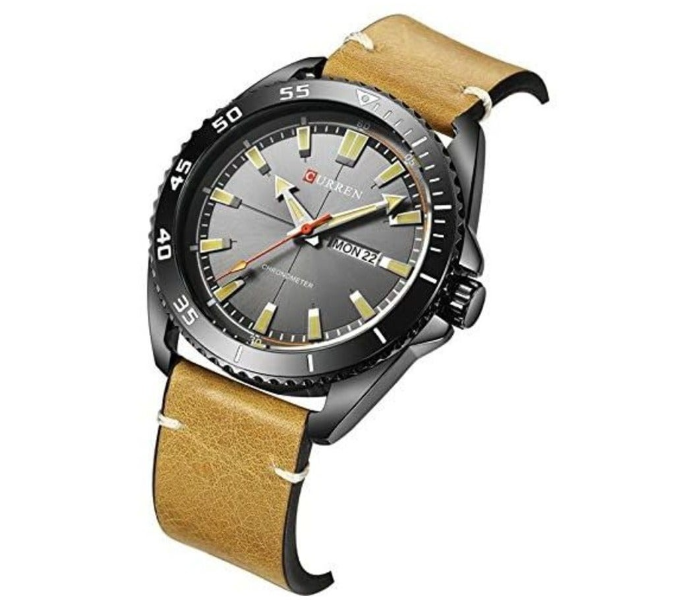CURREN Men's Waterproof Analog Watch - Model 8272, Genuine Brown Leather Strap, Black Dial with Day/Date Display in UAE