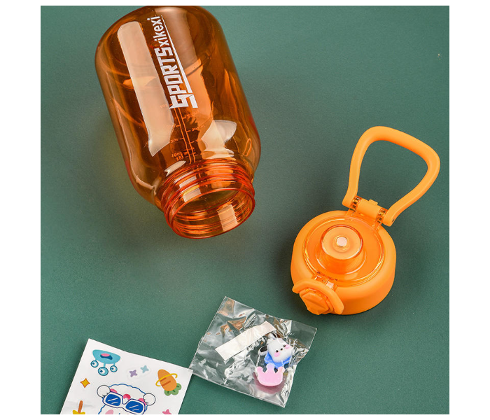 2000ml Large Capacity Transparent Water Bottle BPA-Free Plastic Sports Water Cup with Direct Drinking Lid & Cute Cartoon Sticker - Orange in UAE
