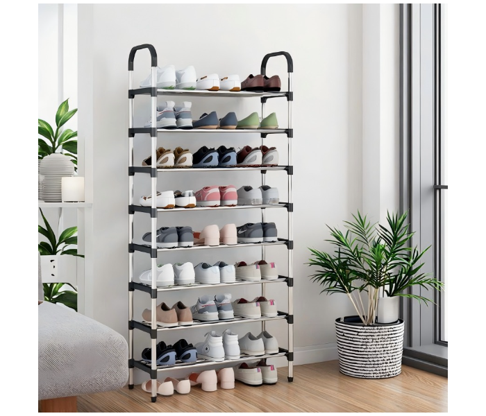 8-Tier Multifunctional Storage Shoe Rack, Adjustable & Stackable Metal and Plastic Shelf Organizer for Home & Entryway (Black) in UAE