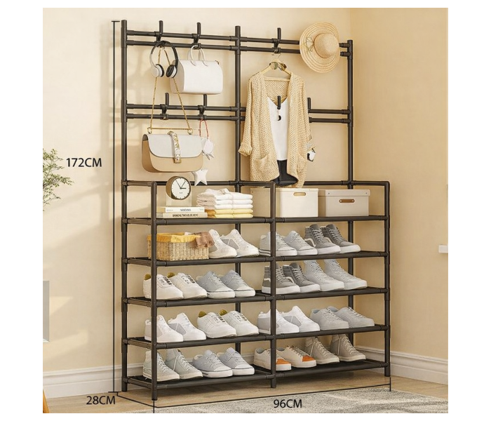 Multi Tier Shoe Rack Organizer with Hanging Rod and Hooks 96x28x172cm in UAE